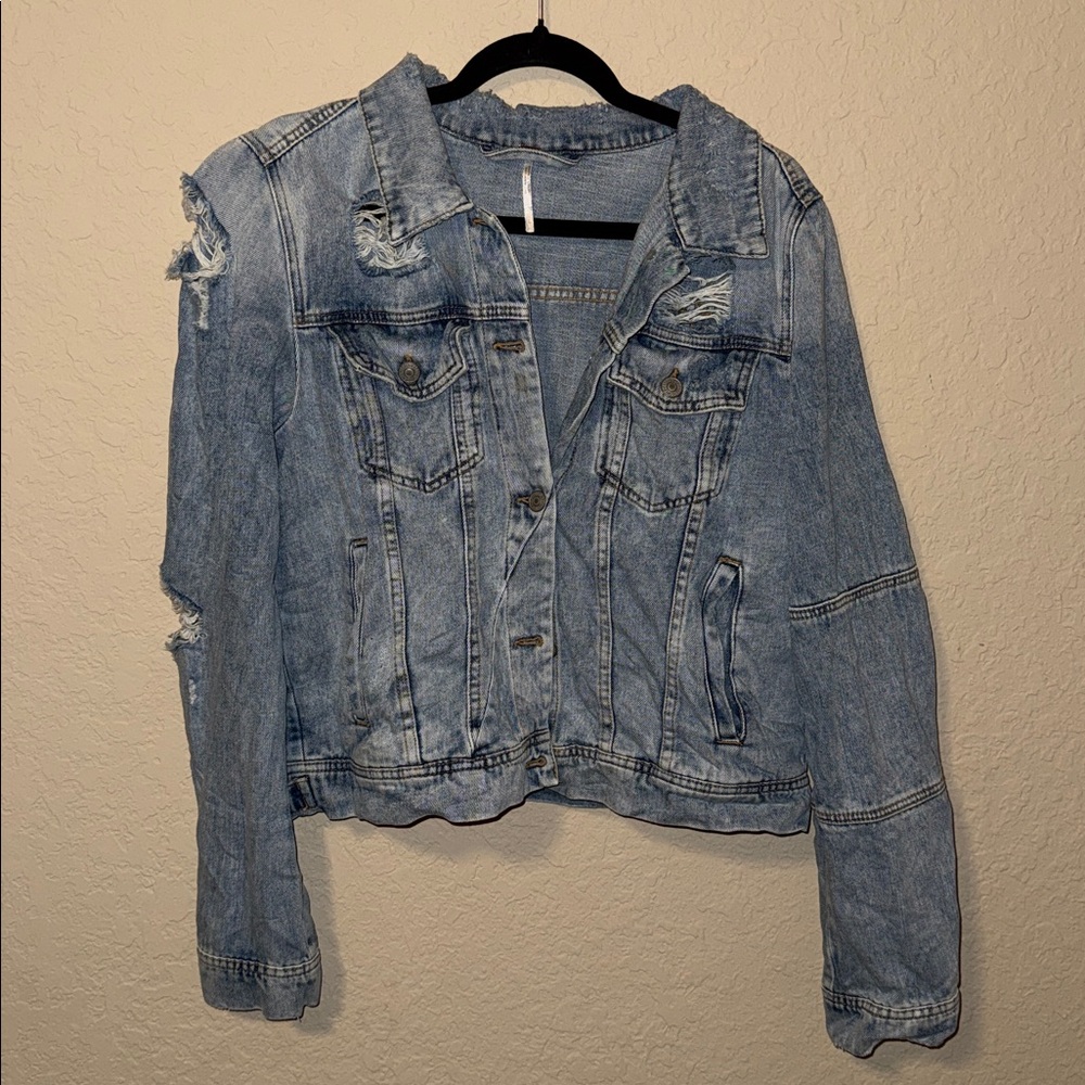 Free People Light Blue Distressed Denim Jacket